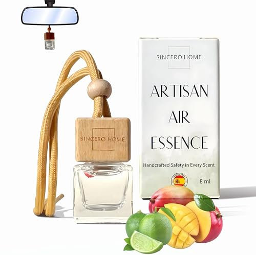 Désodorisant voiture fait main, aromathérapie écologique avec bouchon en bois et flacon en verre, parfum durable et naturel pour voiture, maison, armoire ou salle de bain (Сitron vert et mangue)