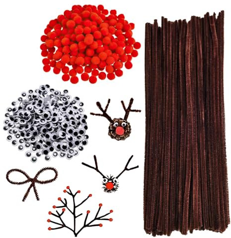 Pfeifenputzer Chenilledraht, Pompons, Wackelaugen Selbstklebend für Kinder - 100 Braune, 150 Rote, 150 Stück - Pfeifenreiniger Set für Weihnachten und DIY Herstellung