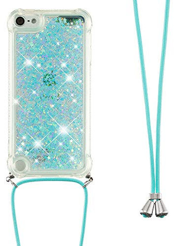 SIYOPINPFY Handykette Hülle für iPod Touch 5 / iPod Touch 7 mit Band, Quicksand Glitzer Flüssigkeit HandyHülle mit Kordel Kette, Silikon Treibsand Stoßfest Hülle für iPod Touch 5/6 Blau YBG
