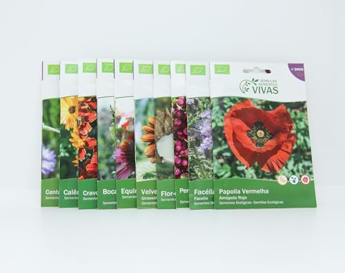 CULTIVERS Pack de 10 Semillas Flores Ecológicas: Amapola Roja, Tagetes, Aciano Azul, Facelia, Amaranto Redondo, Caléndula, Aurora, Girasol Velvet Queen, Equinácea, Boca De Dragón.