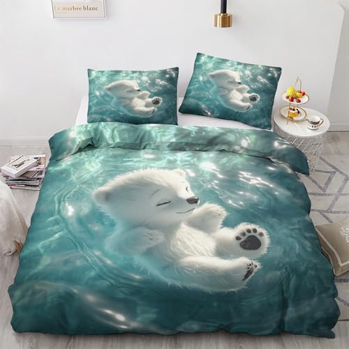 Generisch Eisbär Deko - Winter Bettwäsche 135x200 Eisbär, Kinder Süße Tiere Bettbezug 135 x 200 2er Set mit 1 Kissenbezug 80x80, Weiche Mikrofaser Winterbettwäsche mit Reißverschluss N*&152