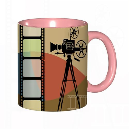 EKLMPS Coffee Mugs,11oz Ceramic Mugs, Funny Gifts for Women, Birthday Present,Christmas,Funny Mugs for Men,Cinema, Abstract sition in Colorful Retro Style with Projection Border and Strip
