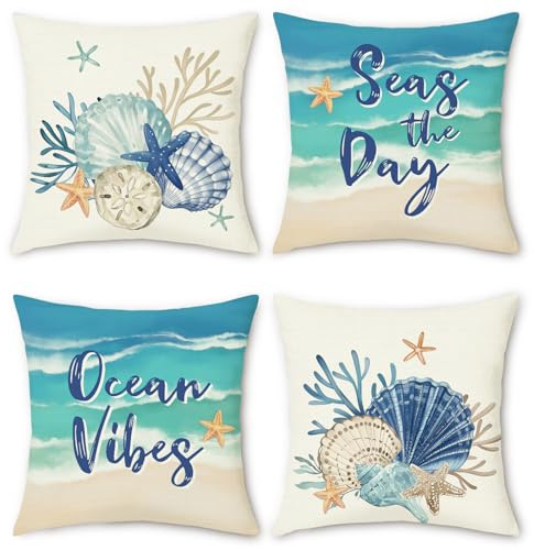 Bonhause 4er Set Kissenbezüge Sommer Küsten 45 x 45 cm Muschelschale Koralle Strand Polyester Leinen Dekorative Kissenhülle Zierkissenbezüge für Sofa Wohnzimmer Zuhause Dekoration