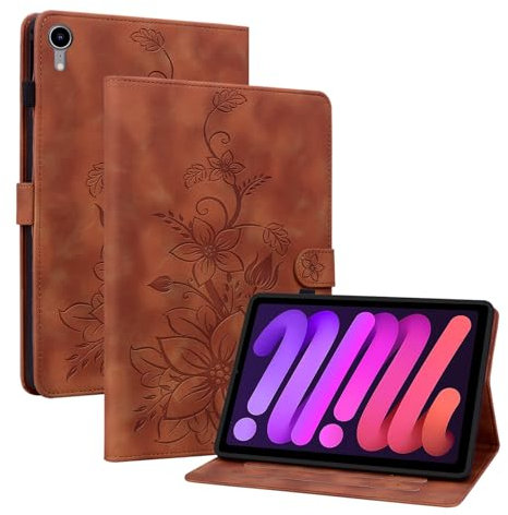 Rosbtib Case for iPad mini 7 2024 (A17 Pro) 7 Generation/iPad mini 6 2021 6 Generation 8.3 Inch, Multi-angle Viewing Faux Leather Protective Case with Card Slots Cover Lily Pattern, Brown