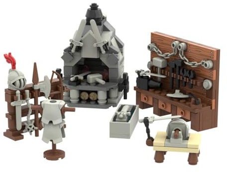 RCARTOYRTR Mittelalterliche Militär Waffenkammer Klemmbausteine, Szenerie-Dekoration Waffenständer & Werkbank & Schmiede Shop Bausteine, Ritter Waffen Set, Modular Building Geschenk für Erwachsene