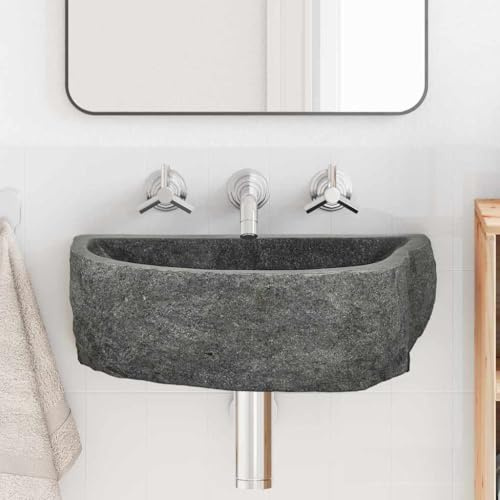 Qnhdfrt Lavabo da parete grigio 45 x 35 x 15 cm, in pietra di fiume lucidata, salvaspazio, per piccoli ospiti, WC, bagno, lavandino, moderno e robusto, per piccoli bagni, ospiti, WC, garage, cantina