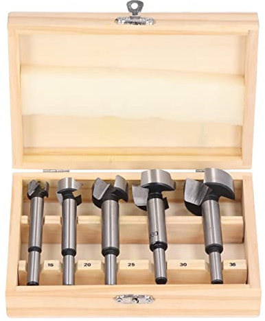 5Pcs Forstner Drill Bit Set 15mm 20mm 25mm 30mm 35mm Hole Drilling Tool Kit Woodworking Quick Cutting Softwood Semi Hardwood Chipboard Cardboard Veneer Plastic Pine Wooden Box