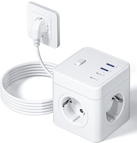 RIXGLEAM Steckdosenwürfel mit USB,8 in 1 Steckdosenleiste mit 2 USB-C (20 W), Schnellladung Mehrfachsteckdose mit Verlängerungskabel 3 m, Steckdosenwürfel Ohne Kabel für Zuhause/Büro/Reisen,Weiß