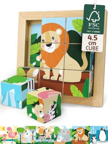 Merle Toys® 6-i-1 Kubpussel i trä för barn från 2 år, 3D Bildkuber av 100% Bokträ, Barnpussel för 2–3 år, pedagogisk Träleksak med rundade Hörn och 6 Bildmallar, Lejon