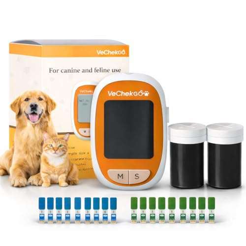 Controlador de Glucosa y Cetonas para Perros y Gatos con + 10 Tiras Glucosa + 10 Tiras de cetonas | VECHECK GO Dispositivo para Mascotas Caninas y Felinas - Test Rápido