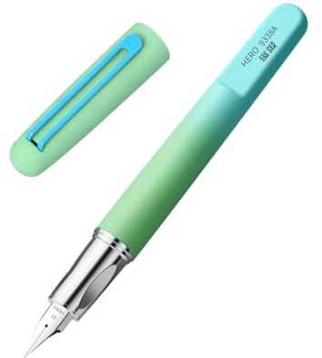 HERO 9338A Schüler Füllhalter mit Magnetkappe, 0,38 mm extra feine Iridiumfeder für glattes Schreiben, blau-grüner Farbverlauf, Einsteigerfüller für Schule, Tagebuch, Kalligraphie und Geschenk