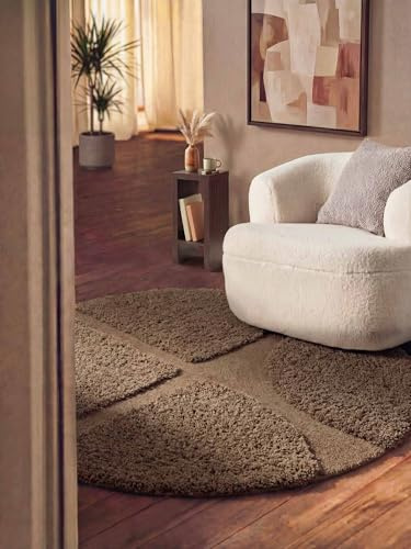 Ted Baker - moderner Hochflorteppich Rund Jasper - Weicher Wohnzimmerteppich, Geometisches Design, Shaggy 3D- Struktur, Handgemacht, Hoch-Tief-Effekt für Wohnzimmer, Schlafzimmer - Braun, Ø200 cm