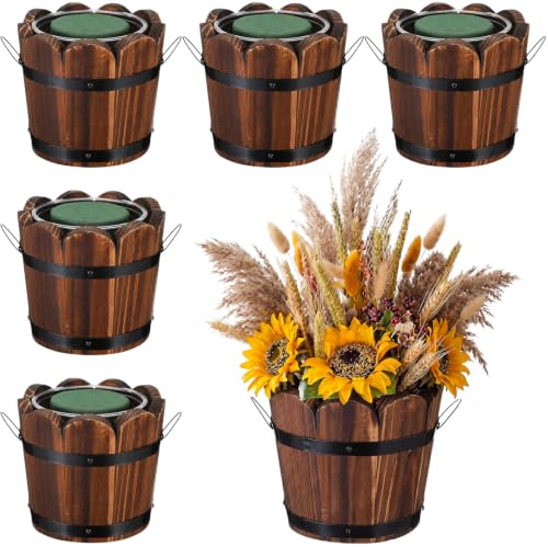 Remerry 6 Pcs Rustic Wood Barrel Planter Boxes with Removable Plastic Liners & Floral Foam Blocks, Farmhouse Decor for Wedding Table, Home, Garden, Kitchen & Party Centerpieces (Trendy)