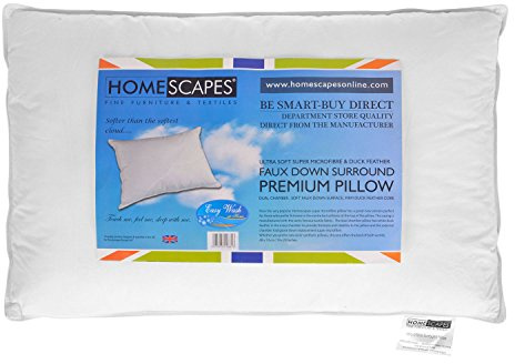 HOMESCAPES Feather and Super Microfibre Surround Pillow Soft Faux Goose Down Pillow with Firm Feather Core For Support and Comfort 100% Cotton Case Anti-Dust Mite and Hypoallergenic