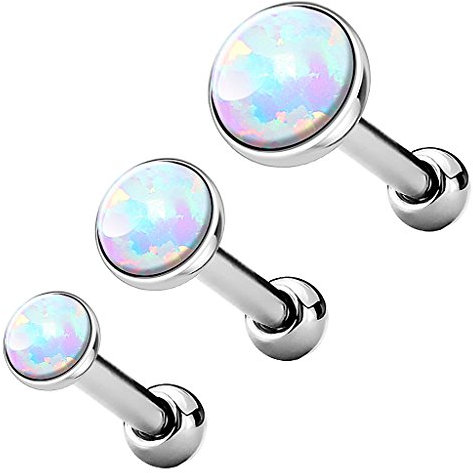 Piercingfaktor Tragus Piercing Helixpiercing Helix Ohr Cartilage Knorpel Stecker mit flachen Opal Steinen Rund Silber Weiß Set