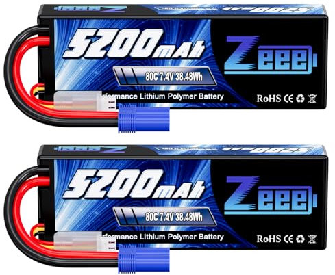 Zeee 2S Lipo Battery 5200mAh 7.4V 80C 38.48Wh Hard case Battery with EC5 Plug for 1/8 1/10 RC Vehicles Car RC Buggy Truggy RC Airplane UAV Drone FPV(2 Pack)