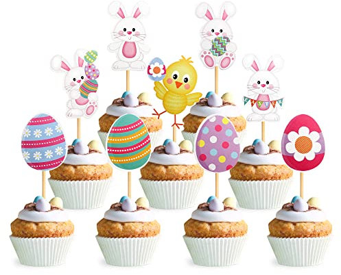 Blumomon 36Pcs Happy Easter Cupcakes Toppers Glitter Easter Bunny Egg Cupcake Picks Chick Cake Toppers for Easter Party Cake Decorations Party Supplies, Multicolour