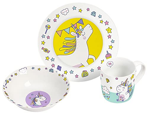 infinite by GEDA LABELS (INFKH) Kindergeschirr-Set Einhorn Doodle 3-teilig, Weiß mit bunten Doodles, Cartoon-Muster, 3 Stück