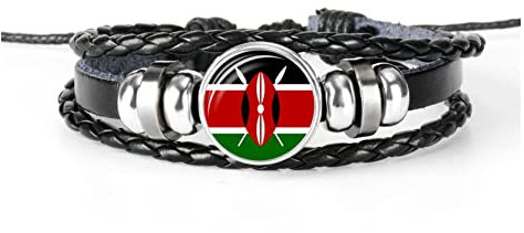 WILLWA East Africa National Flag Beaded Bracelet Men Women Glass Cabochon Leather Bracelet (Color : KENYA)