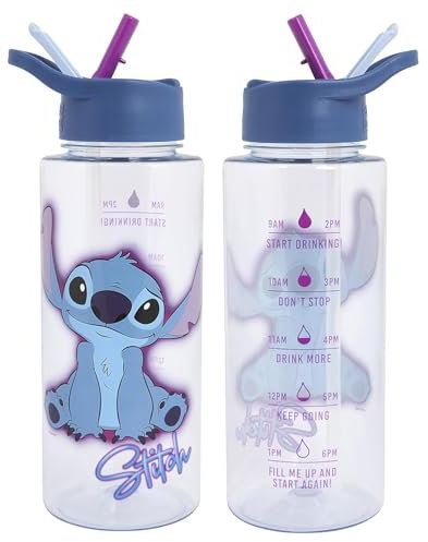 Disney Stitch 1L Kids Water Bottles with Straw by Polar Gear - Lilo And Stitch Gifts For Girls - Back to School Supplies Stitch Bottle - Stitch Water Bottle with Motivational Time Markings