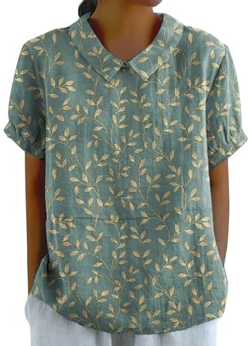 Shirt Weiß Damen Sale Leinenbluse Damen Art Floral Rundhals Lose Pullover Top Freizeithemd T-Shirt Tshirt Damen Rundhals 2024 Button-Down Kurzarm, Sommer Herbst Duftende Hanf Shirt Grün Damen Sale
