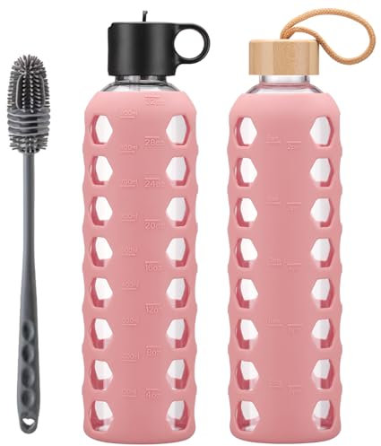 BLUEGO Botellas de cristal, 900 ml Vaso de cristal, botellas para beber con 2 tapas, botella de agua deportiva con funda de silicona, a prueba de fugas, color rosa