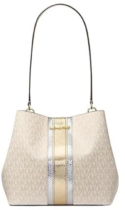 Michael Kors Pratt Medium Signature Logo Umhängetasche, Blassgold gestreift, Medium