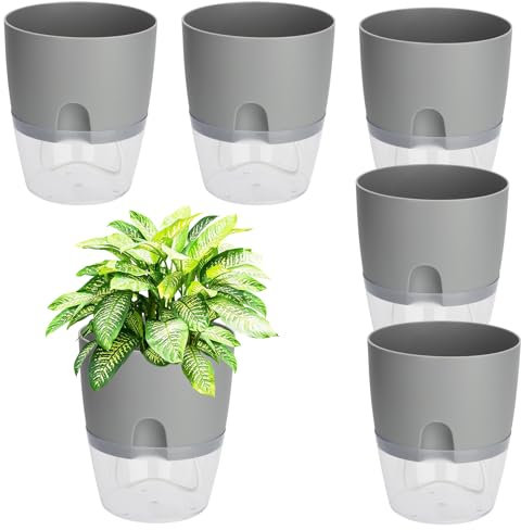 SEUICYNE 6 Stück 15CM Blumentopf Selbstbewässernd, Kräutertopf Plastik, Kräutergarten Küche Set Grau Kunststoff Blumentöpfe Pflanztopf Selbstbewässerung für Küche Fensterbank
