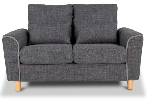 Hroth 2 Seater Sofa in Dark Grey Fabric with 2 Lumbar Cushions | 141 cm wide; fabric upholstery; 2 lumbar cushions; 15 cm seat cushions; 13 cm raised legs; assembly required