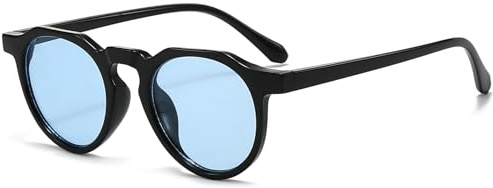 Long Keeper Retro Runde Sonnenbrille Damen Herren Kleine Vintage Getönte Sonnenbrille Rund Nachtfahrbrille Unisex Mode Runde Brille mit UV400 Schutz (Schwarz Rahmen - Blau Gläser)