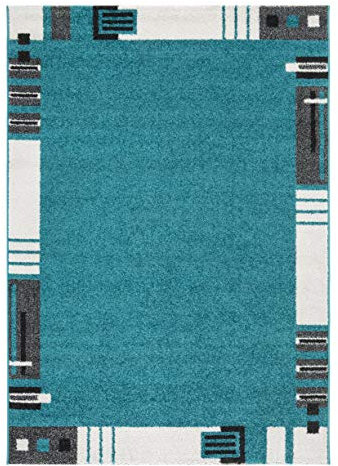 andiamo Webteppich moderner stilvoller Kurzflor Teppich robust und pflegeleicht aus 100% Polypropylen geeignet für Fußbodenheizung und Saugroboter 120 x 170 cm Bordüre Türkis