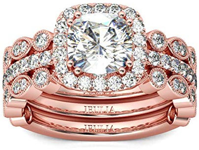 Jeulia 3 Stück Damen Ringe Set Sterling Silber Kissenschliff Rotgold Vergoldet Ringe Schmuck für Braut Hochzeit Band Verlobungsring (52 (16.6))