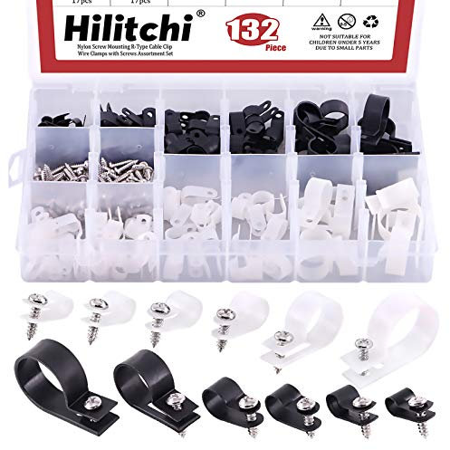 Hilitchi 132 Pcs 6 Sizes Black and White Plastic Cable Clamp R Type Screw Mounting Cord Fastener Cable Clips Assortment Ki.
