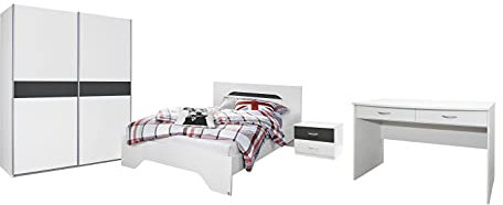 Rauch Möbel Noosa Jugendzimmer Set 4-teilig, Weiß / Grau Metallic, bestehend aus Schwebetürenschrank Bett Nachttisch Schreibtisch