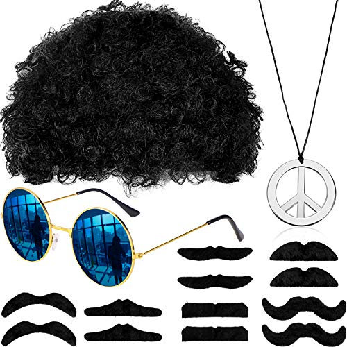 WILLBOND Hippie Kostüm Set Funky Afro Perücke Sonnenbrille Frieden Zeichen Halskette Schnurrbart für 50/60/ 70s Retro Thema Party
