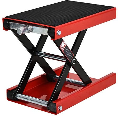 DURHAND Plataforma Elevadora de Tijera Carga 500 kg Altura Ajustable 10-37 cm Soporte para Motocicletas Soporte de Moto para Aparcar o Reparar Taller Garaje 41,5x23,5x10-37 cm Negro y Rojo
