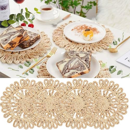 IcosaMro Runde gewebte Tischsets für den Esstisch, 27,9 cm, klein, natürlich, geflochtenes Rattan-Tischset, hohl, Weiden-Platzteller für Urlaub, Erntedankfest, Weihnachten, Küche, Tischmatte, Beige