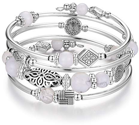 BULINLIN Beaded Silver Bangle Wrap Bracelet for Her, Layered Bohemian Bracelets with Natural Stone, Jewellery Gifts for Women Ladies