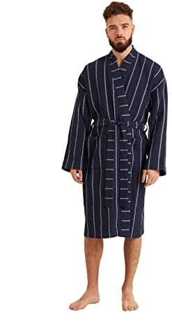 Cotton Trend Mens Navy Blue Stripe 100% Turkish Cotton Waffle Dressing Gown Lightweight Robe with Kimono Collar Bathrobe Luxury Soft Knee Length Robe Perfect Loungewear