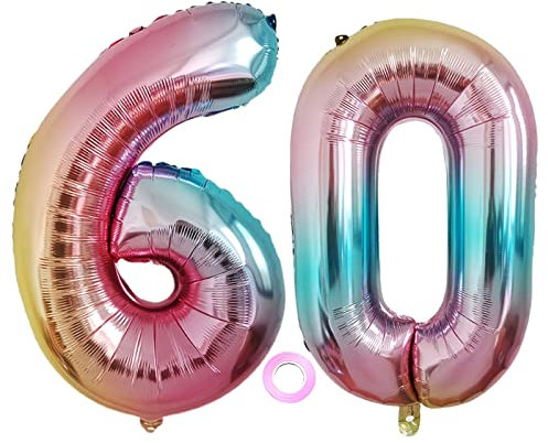 Luftballons Zahl 60, Riesen Folienballon Nummer 60 Regenbogen Damen, Luftballons 60. Geburtstagdeko, 40 Zoll Helium Ballons Aufblasbar Zahl 60 Regenbogen für Geburtstag, Hochzeit, Jubiläum XXL 60