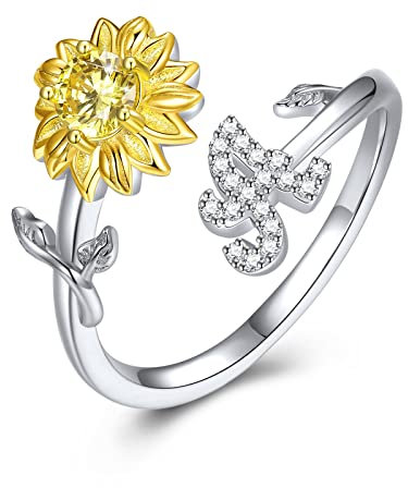 PEARLOVE 925 Sterling Silber Mädchen Buchstabe Ring, Damen Sonnenschein Sonnenblume CZ Ring mit Buchstaben A-Z Offene Ring Verstellbar Größe 6-12