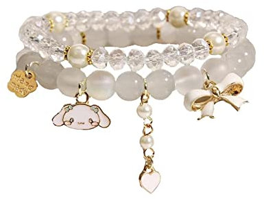 GAUEIOUR Cinnamoroll Crystal Bead Bracelet,Lovely Beige Cartoon Crystal Beads Elastic Bracelet Girls and Women, Small Fresh Simple and Lovely Cartoon Jade Dog Jewelry (Beige 2 Pack)