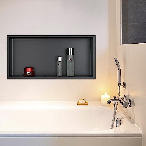 ZHUGE Wandnische Dusche Edelstahl, Dusch Nischen Wand Einsatz fliesbar, eingelassenes Regal für Dusch Aufbewahrung für Badezimmer Shampoo Seife Toilettenartikel, 60 x 30cm, Schwarz