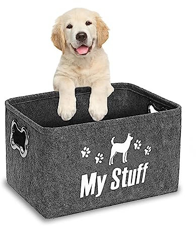 Dogs Toy Storage Baskets Dog Toy Basket Dog Food Storage,Felt Stuff Storage Baskets Foldable Storage Bins with Designed Metal Handle for Organizing Pet Toys, Dog Clothes Blankets(Dark Gray)