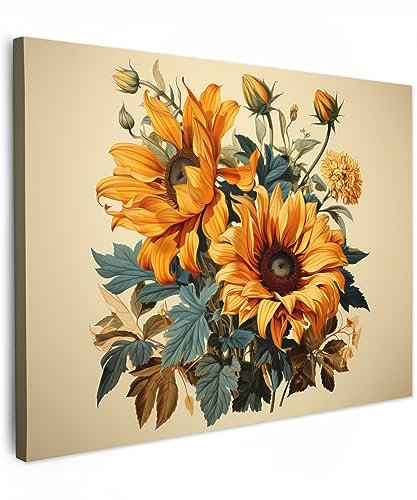 MuchoWow© Leinwände 70x50 cm Wall Decoration Bilder Schlafzimmer Deko Pictures Canvas Painting Wanddekoration Wohnzimmer Vintage - Blumen - Sonnenblumen - Beige - Natur
