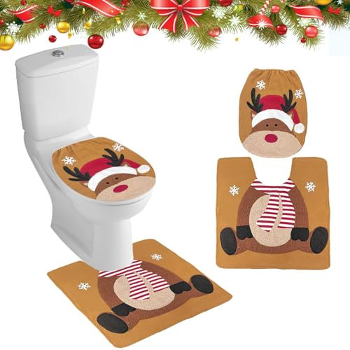 Figarge Weihnachts Toilettensitzbezug Dekorationen Toilettensitzbezug Weihnachten Teppich Set Weihnachtsmann Schneemann Elch Toilettenvorleger Set WC Sitz Abdeckung für Badezimmer, 2 Stücke
