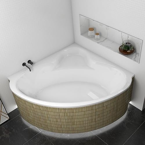 ECOLAM® Badewanne Eckwanne Acrylwanne symmetrisch BALA 120 x 120 cm | Inklusive Styroporverkleidung für LED Beleuchtung befliesbar Ablaufgarnitur Ab- und Überlauf Füße Silikon | Komplett-Set