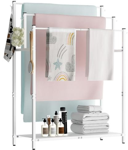 Mondazie 44” Tall Free Standing Towel Racks with 6 Hooks for Bathroom, 3 Tiers Oversized Pool Bath Towels Drying Stand, Metal Blanket Ladder Holder with Storage Shelf for Bedroom Living Room, White