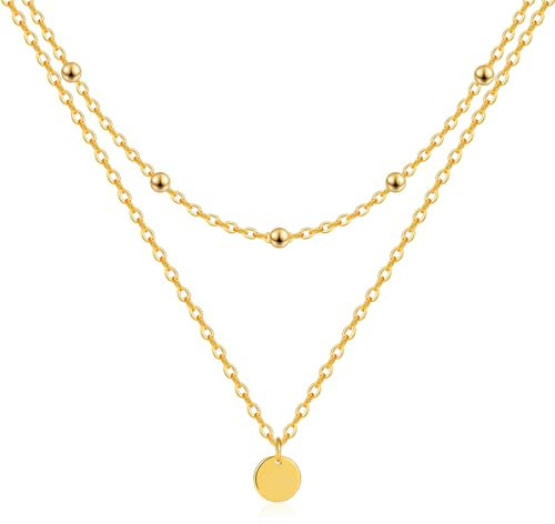 Mesovor Gold Schichtige Halsketten für Damen, 18 Karat Vergoldete Halskette mit Scheiben Anhänger | Münze Diamant Ketten Schmuck Geschenke (Korn)