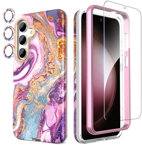 SHEDEER für Samsung S24 Hülle mit Glitzer Kameraschutz + Displayschutz, Samsung Galaxy S24 Hülle Schick Anti-Vergilbung Muster, TPU Stoßfest Kratzfest Handyhülle für S24 6,2'', River Violett
